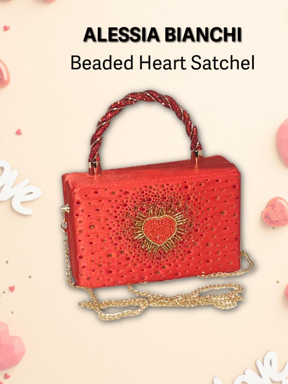 NWT Alessia Bianchi Beaded Heart Satchel Crossbody Purse Black Glam